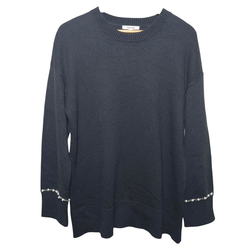 Splendid Black Pearl Sleeve Sweater Small | Embellished Knit Pullover Cozy‎ Chic